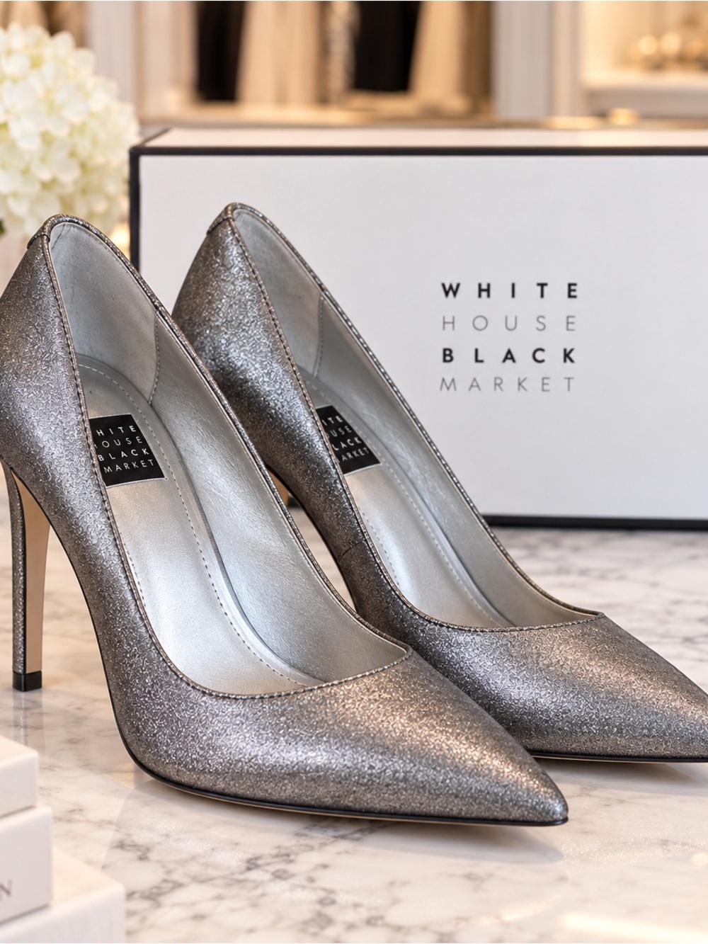White House Black Market Olivia Metallic Silver Heels | Size 7.5
